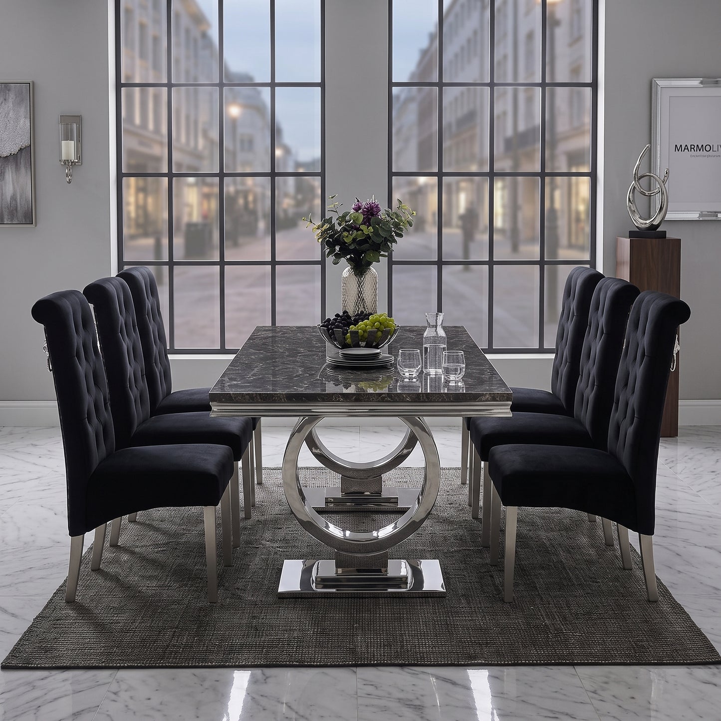 Ariana Black Marble Dining Set with Lucy Black Velvet Chairs