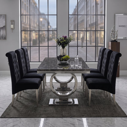 Ariana Black Marble Dining Set with Lucy Black Velvet Chairs