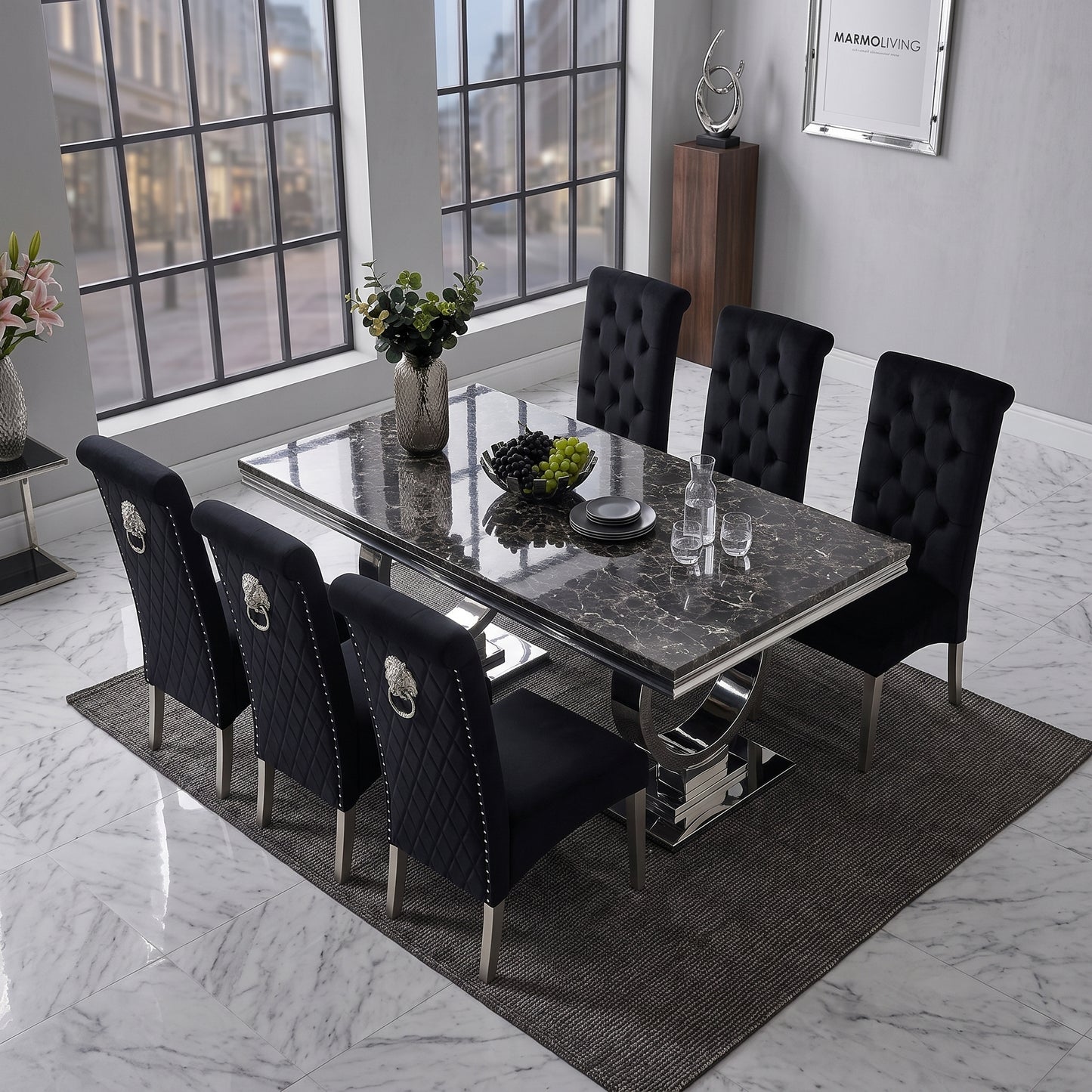 Ariana Black Marble Dining Set with Lucy Black Velvet Chairs