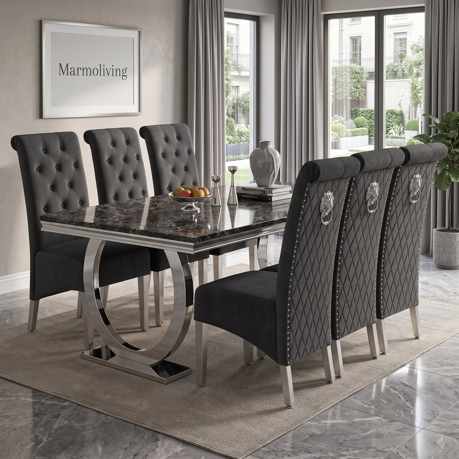 Ariana Black Marble Dining Set with Lucy Dark Grey Velvet Chairs
