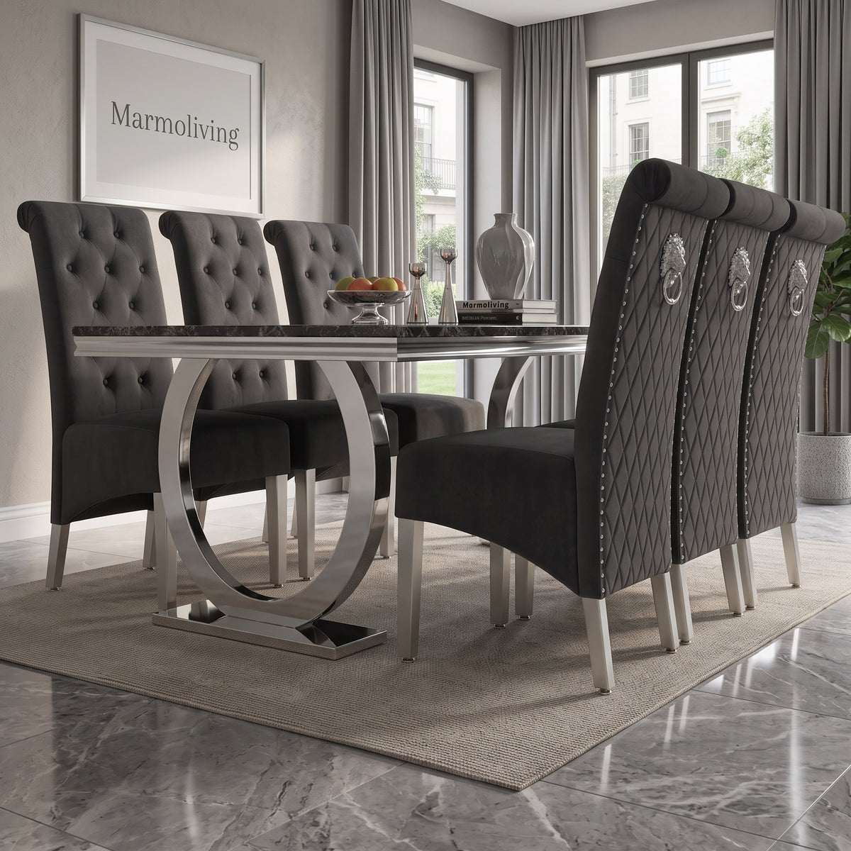 Ariana Black Marble Dining Set with Lucy Dark Grey Velvet Chairs