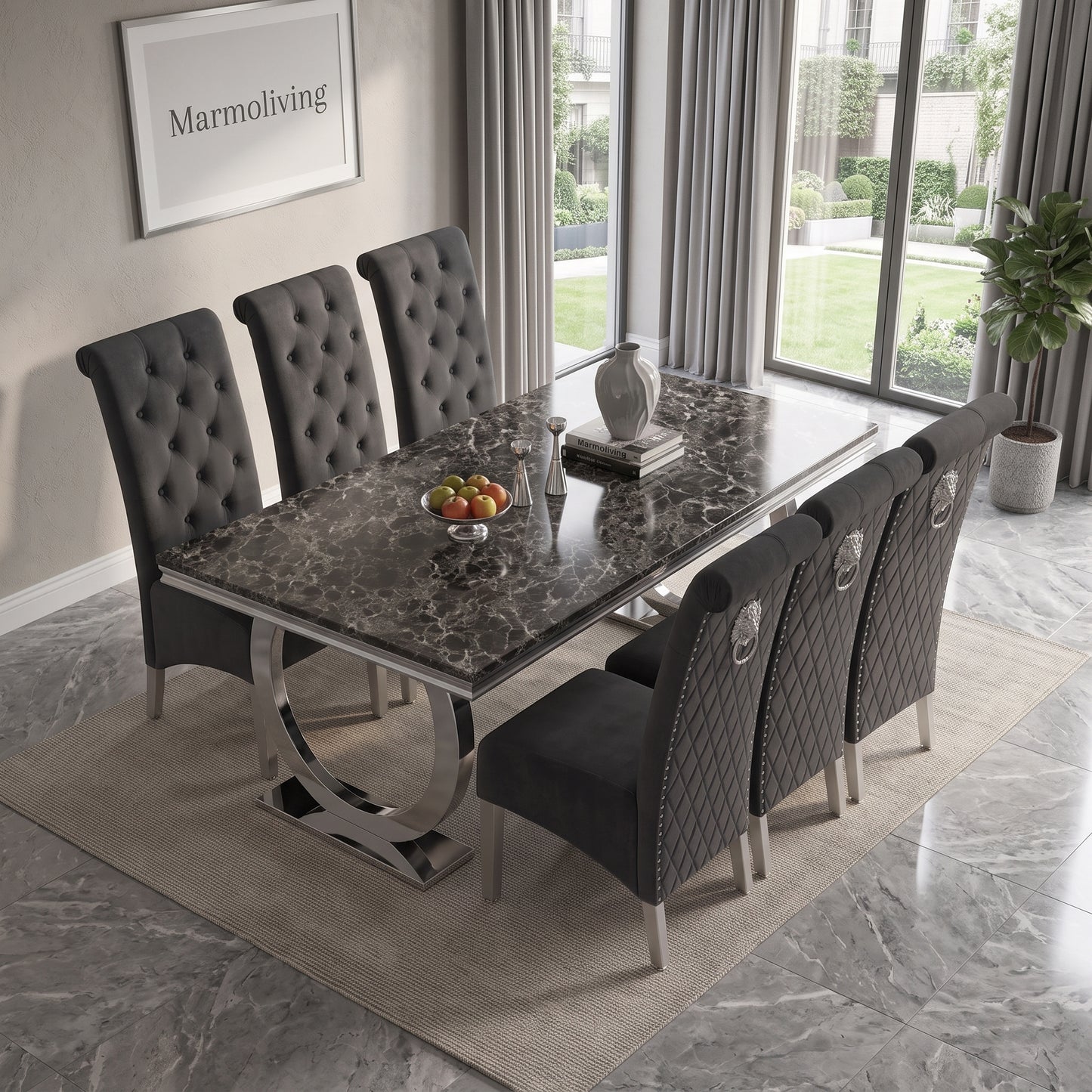 Ariana Black Marble Dining Set with Lucy Dark Grey Velvet Chairs