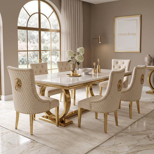 Ariana Cream Gold Marble Dining Set with Majestic Mink Velvet Chairs with Gold Legs