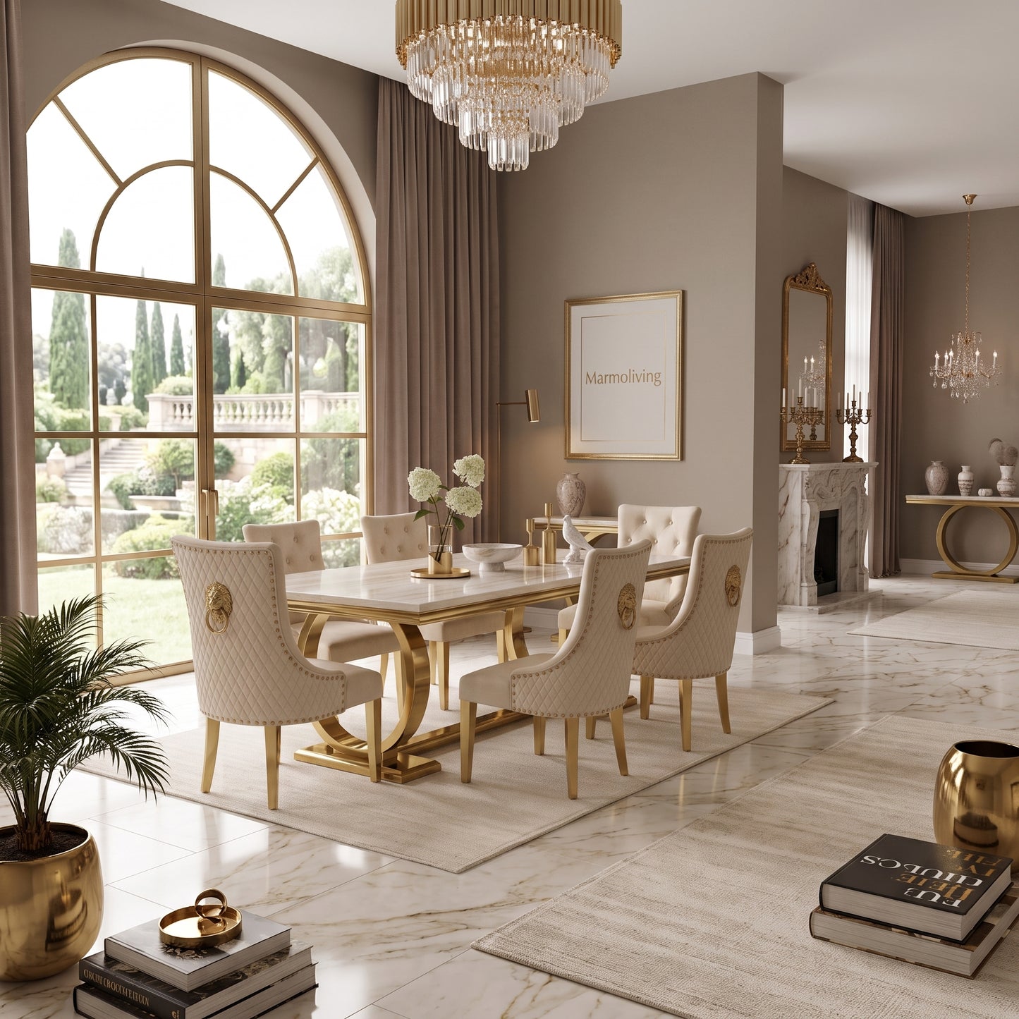Ariana Cream Gold Marble Dining Set with Majestic Mink Velvet Chairs with Gold Legs