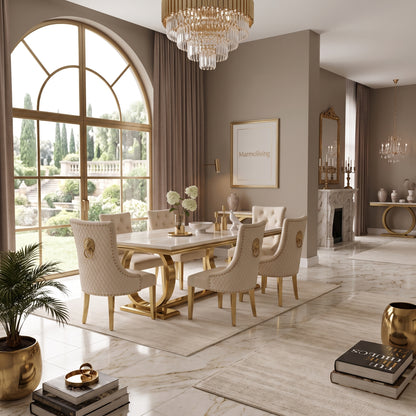 Ariana Cream Gold Marble Dining Set with Majestic Mink Velvet Chairs with Gold Legs