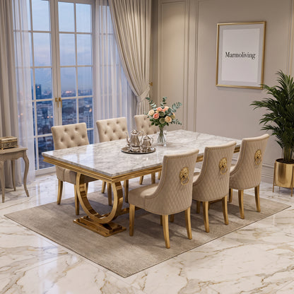 Ariana Grey Gold Marble Dining Set with Majestic Mink Velvet Chairs with Gold Legs