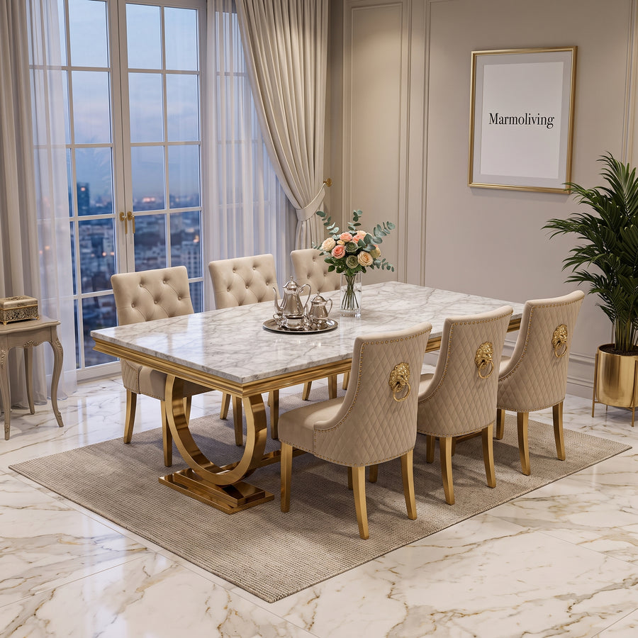 Ariana Grey Gold Marble Dining Set with Majestic Mink Velvet Chairs with Gold Legs