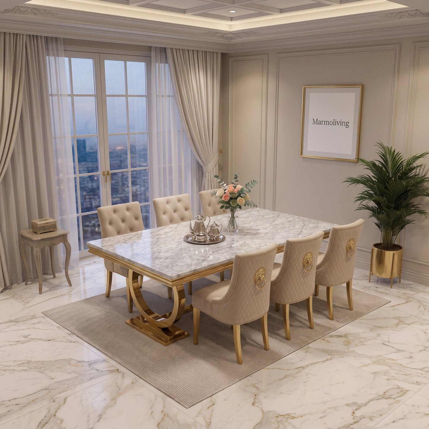 Ariana Grey Gold Marble Dining Set with Majestic Mink Velvet Chairs with Gold Legs
