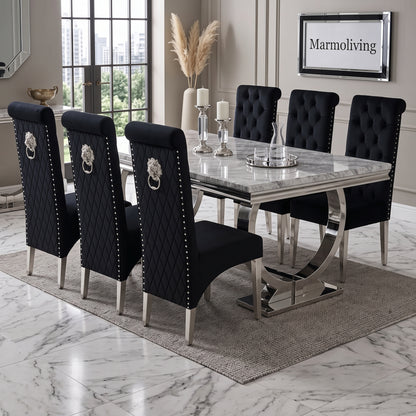 Ariana Grey Marble Dining Set with Lucy Black Velvet Chairs