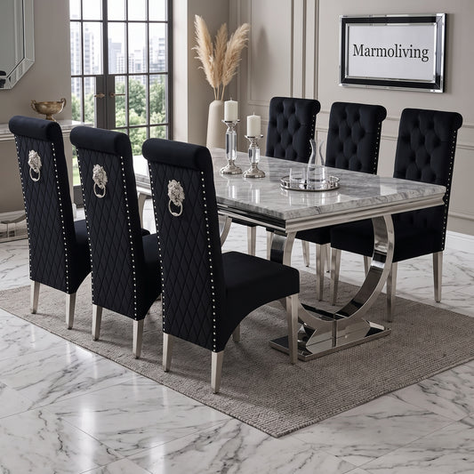 Ariana Grey Marble Dining Set with Lucy Black Velvet Chairs