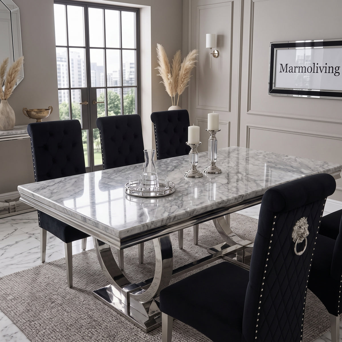 Ariana Grey Marble Dining Set with Lucy Black Velvet Chairs