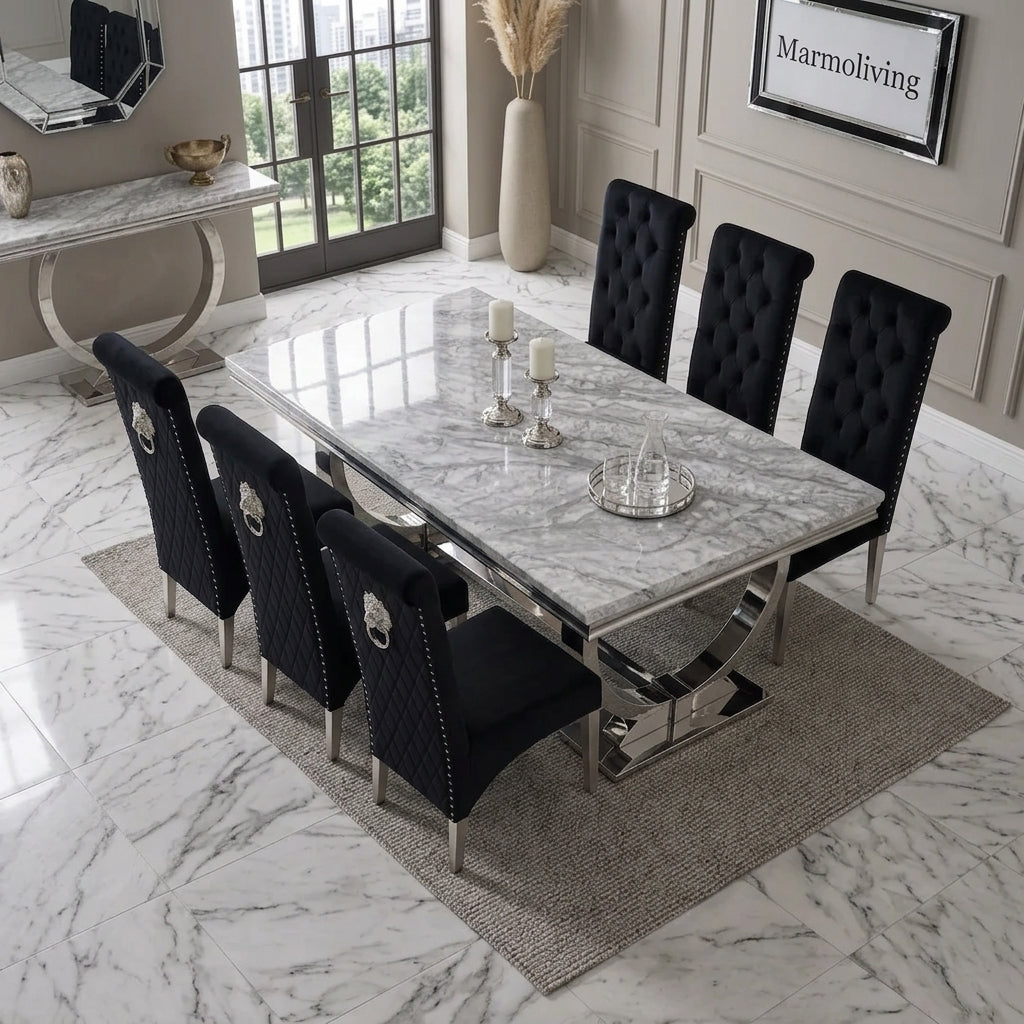 Ariana Grey Marble Dining Set with Lucy Black Velvet Chairs