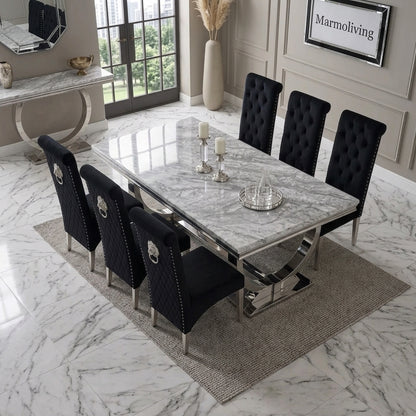 Ariana Grey Marble Dining Set with Lucy Black Velvet Chairs