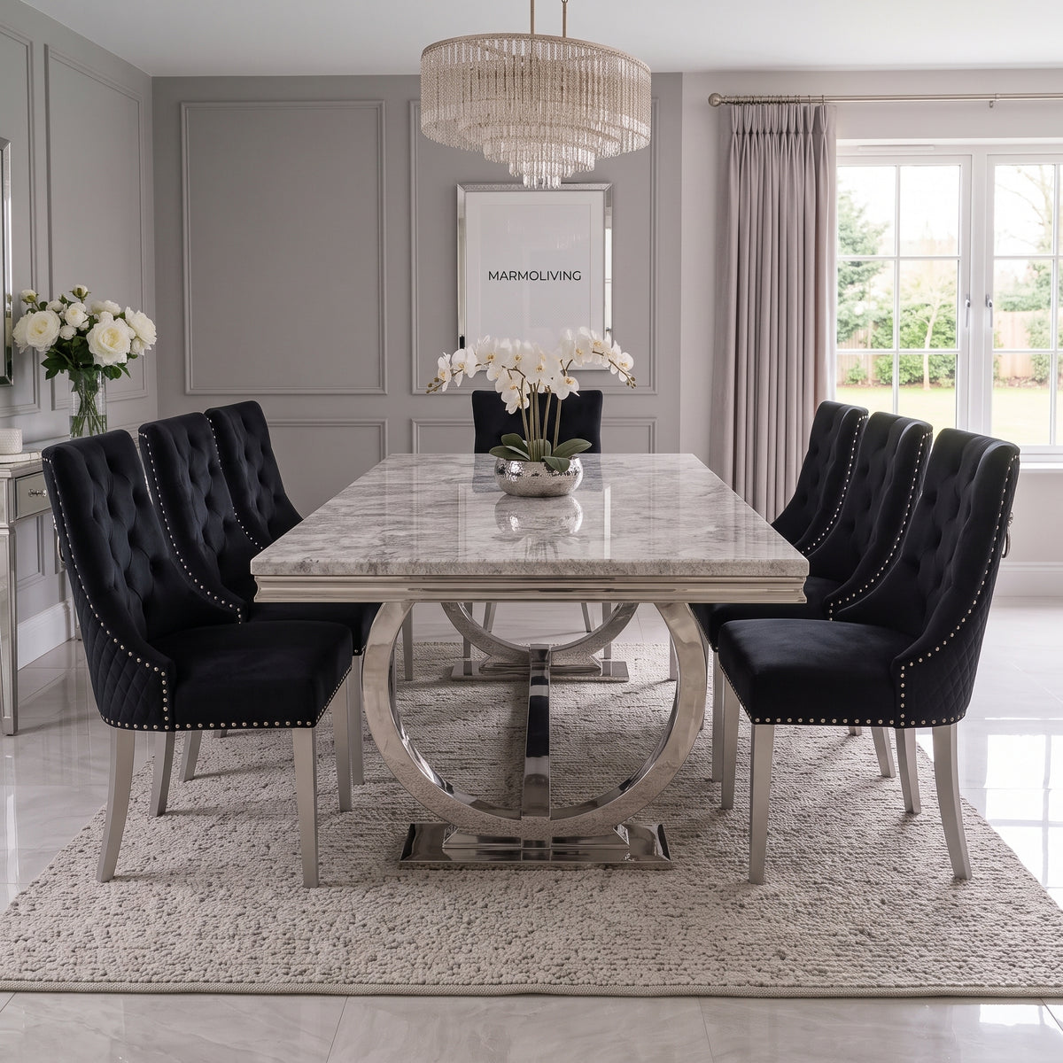 Ariana grey marble dining set with Majestic black velvet chairs - side view