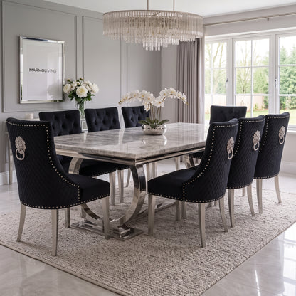Ariana grey marble dining set with Majestic black velvet chairs - front view