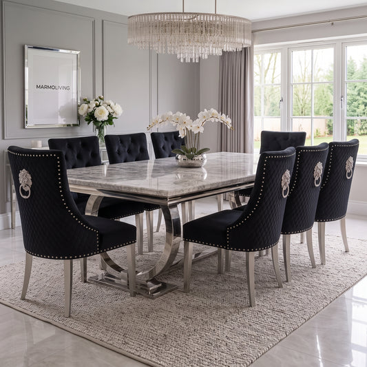Ariana grey marble dining set with Majestic black velvet chairs - front view