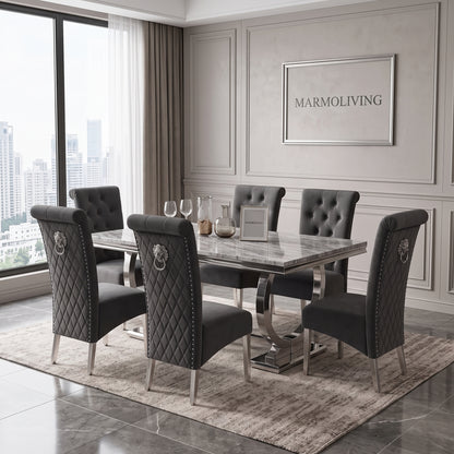 Ariana grey marble dining set with Lucy dark grey velvet chairs - front view