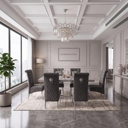 Ariana grey marble dining set with Lucy dark grey velvet chairs - side view