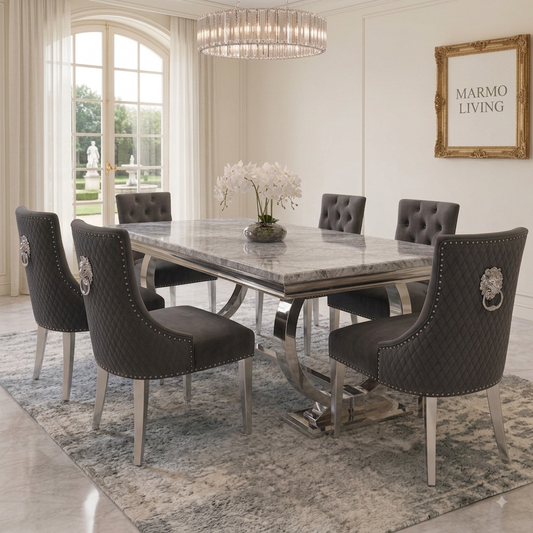 Ariana grey marble dining set with Majestic dark grey velvet chairs - front view