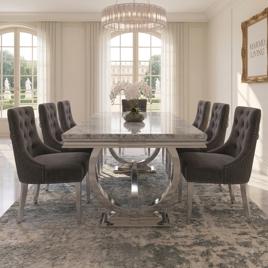 Ariana grey marble dining set with Majestic dark grey velvet chairs - side view