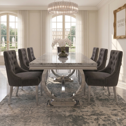 Ariana grey marble dining set with Majestic dark grey velvet chairs - side view