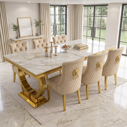 Ariana Kata Gold Marble Dining Set with Majestic Mink Velvet Chairs with Gold Legs