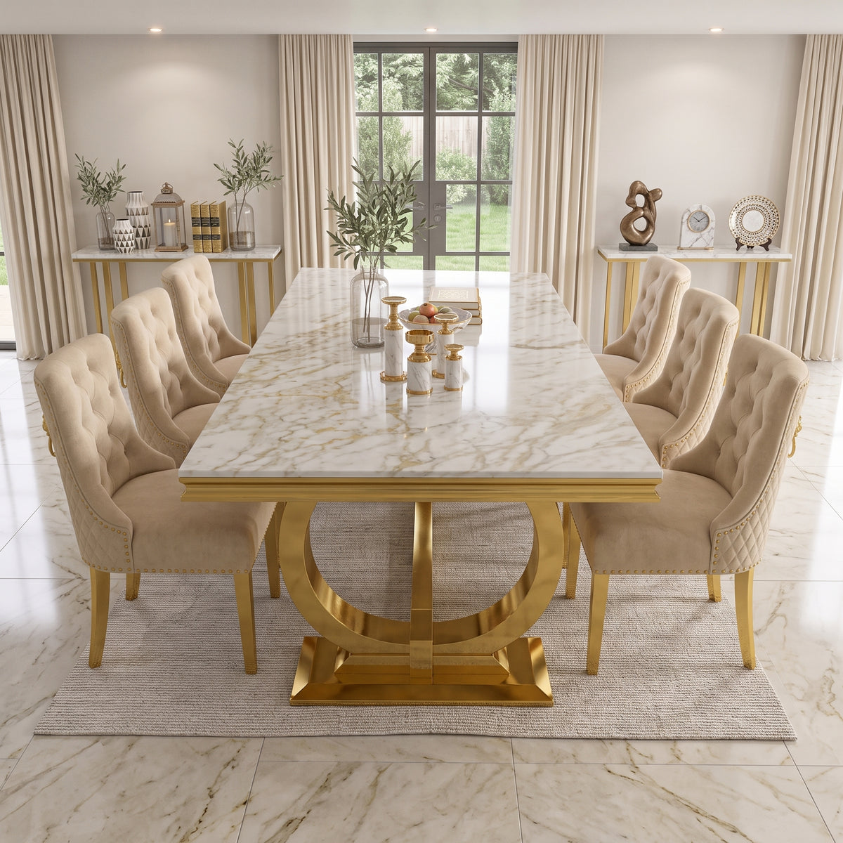 Ariana Kata Gold Marble Dining Set with Majestic Mink Velvet Chairs with Gold Legs