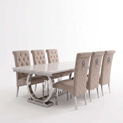 Ariana White Marble Dining Set with Lucy Mink Velvet Chairs