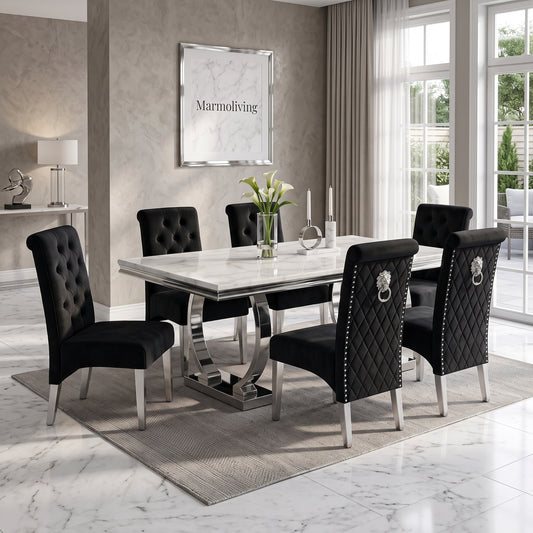 Ariana White Marble Dining Set with Lucy Black Velvet Chairs