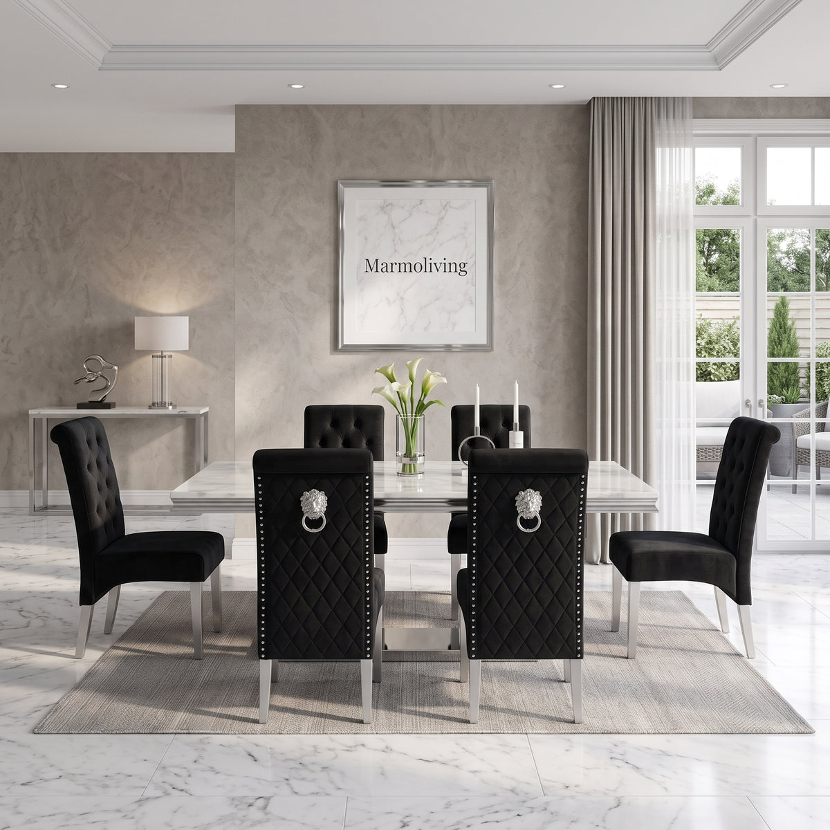 Ariana White Marble Dining Set with Lucy Black Velvet Chairs