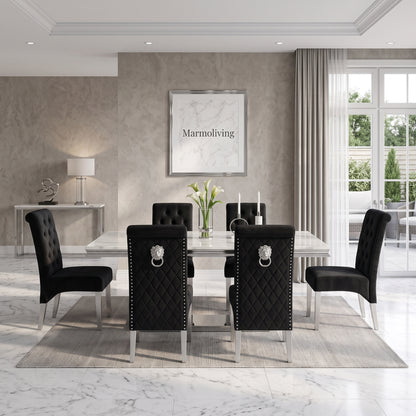 Ariana White Marble Dining Set with Lucy Black Velvet Chairs