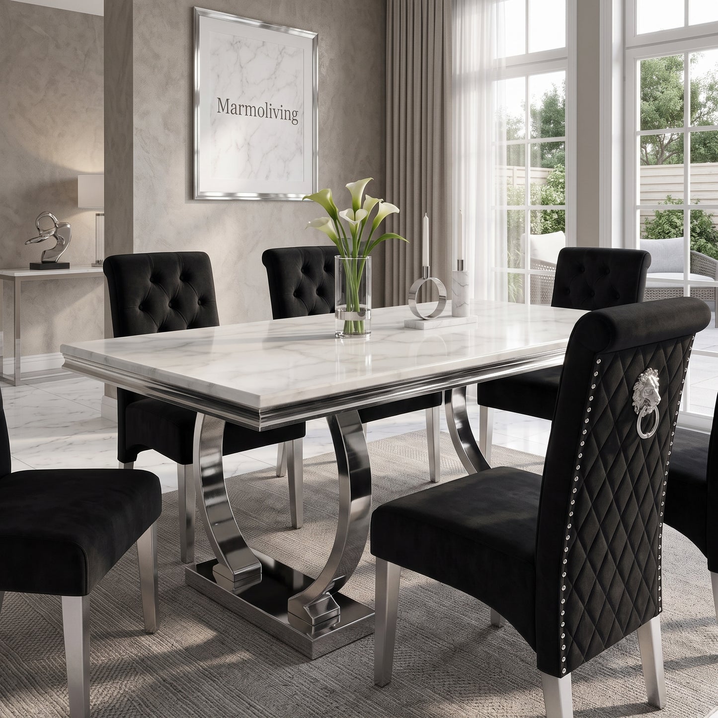 Ariana White Marble Dining Set with Lucy Black Velvet Chairs