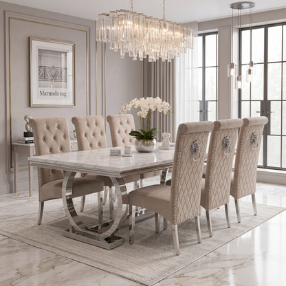 Ariana White Marble Dining Set with Lucy Mink Velvet Chairs