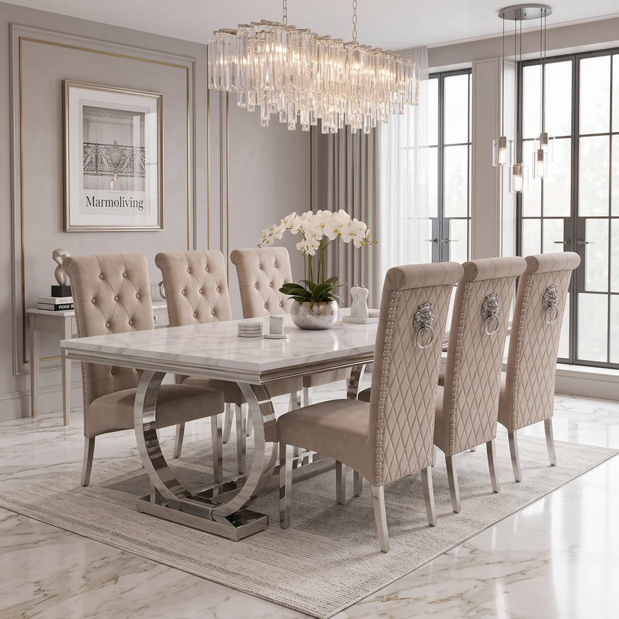 Ariana White Marble Dining Set with Lucy Mink Velvet Chairs