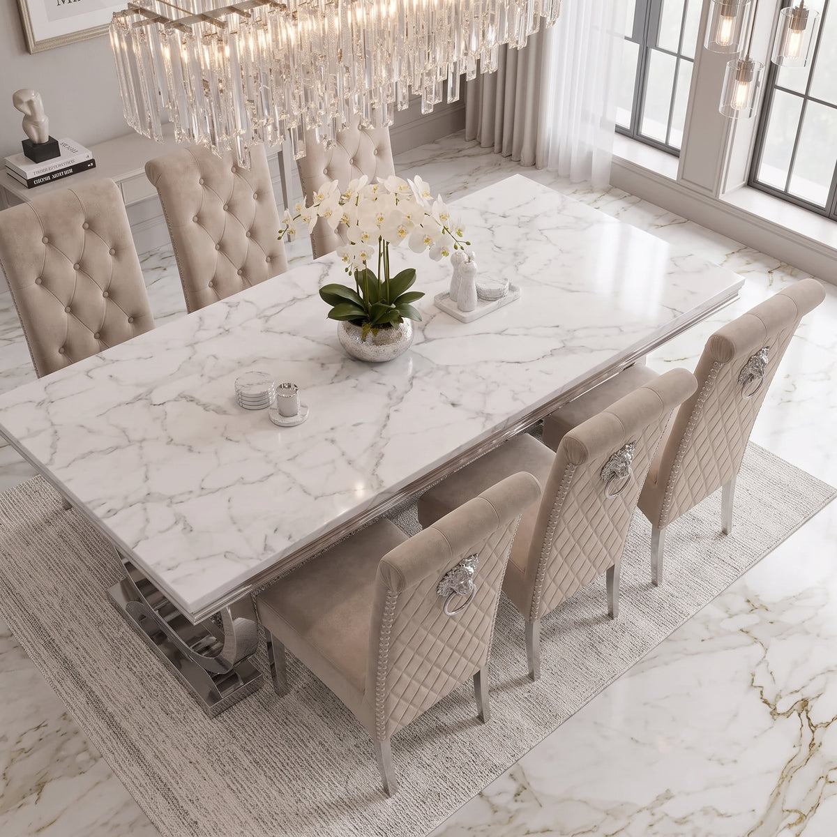 Ariana White Marble Dining Set with Lucy Mink Velvet Chairs