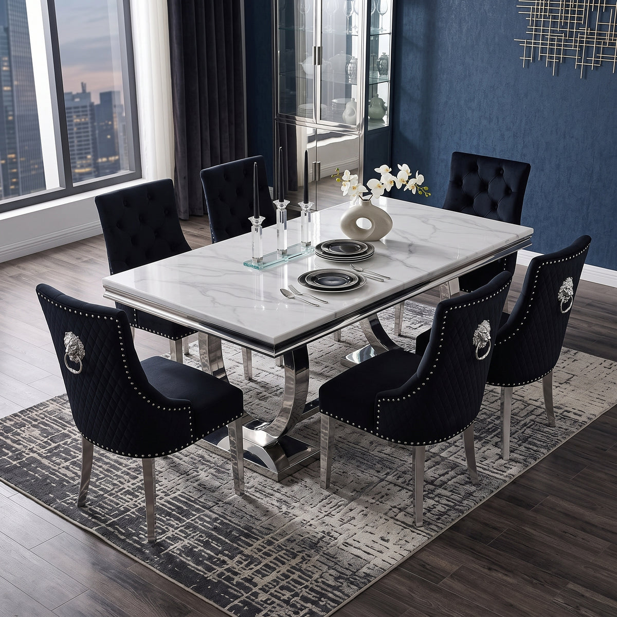Ariana White Marble Dining Set with Majestic Black Velvet Chairs