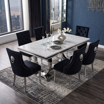 Ariana White Marble Dining Set with Majestic Black Velvet Chairs