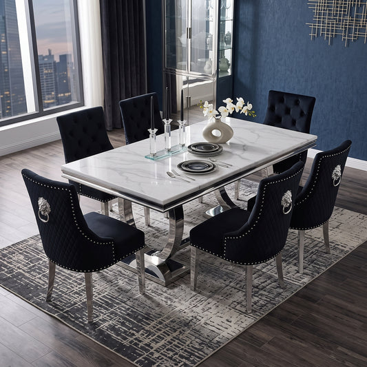 Ariana White Marble Dining Set with Majestic Black Velvet Chairs