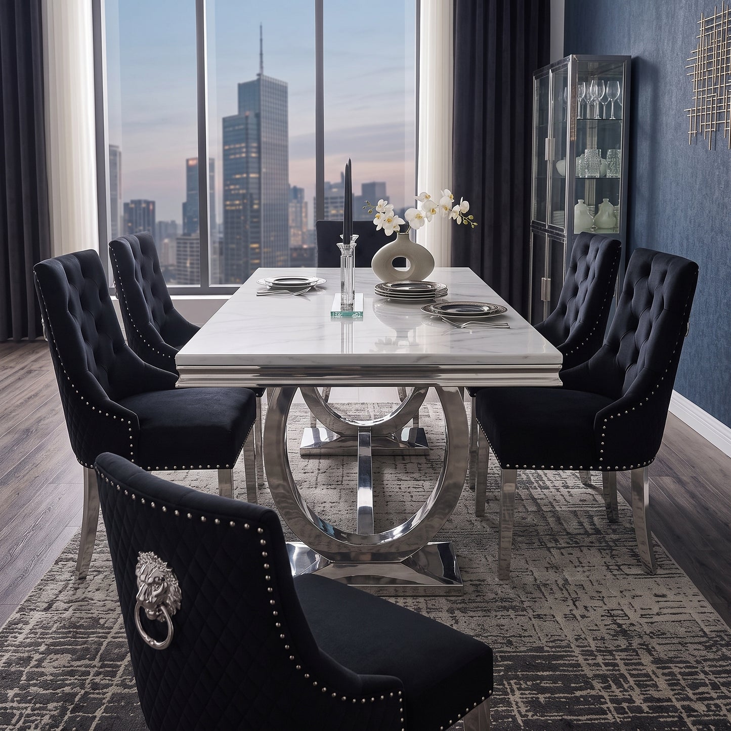 Ariana White Marble Dining Set with Majestic Black Velvet Chairs