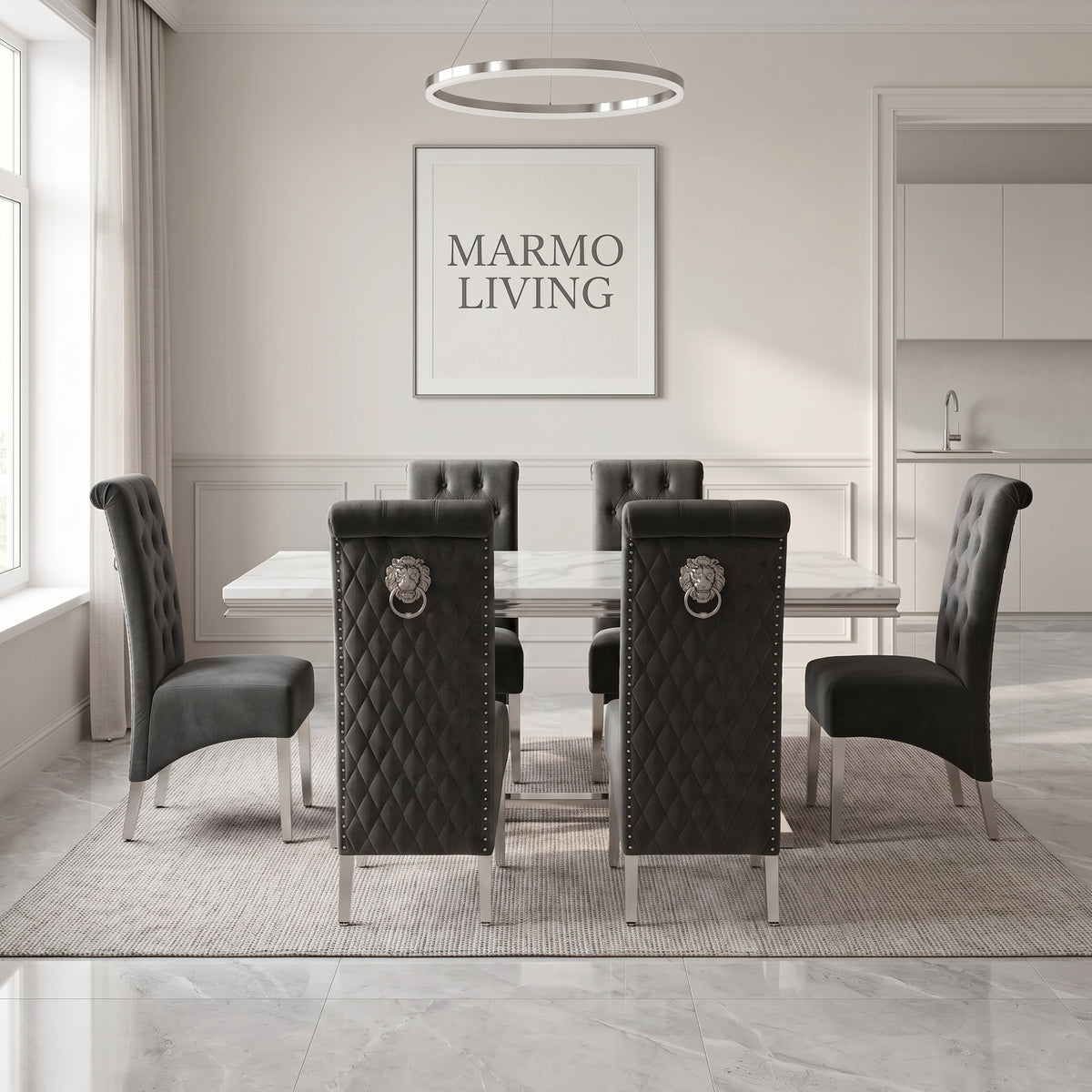 Ariana White Marble Dining Set with Lucy Dark Grey Velvet Chairs