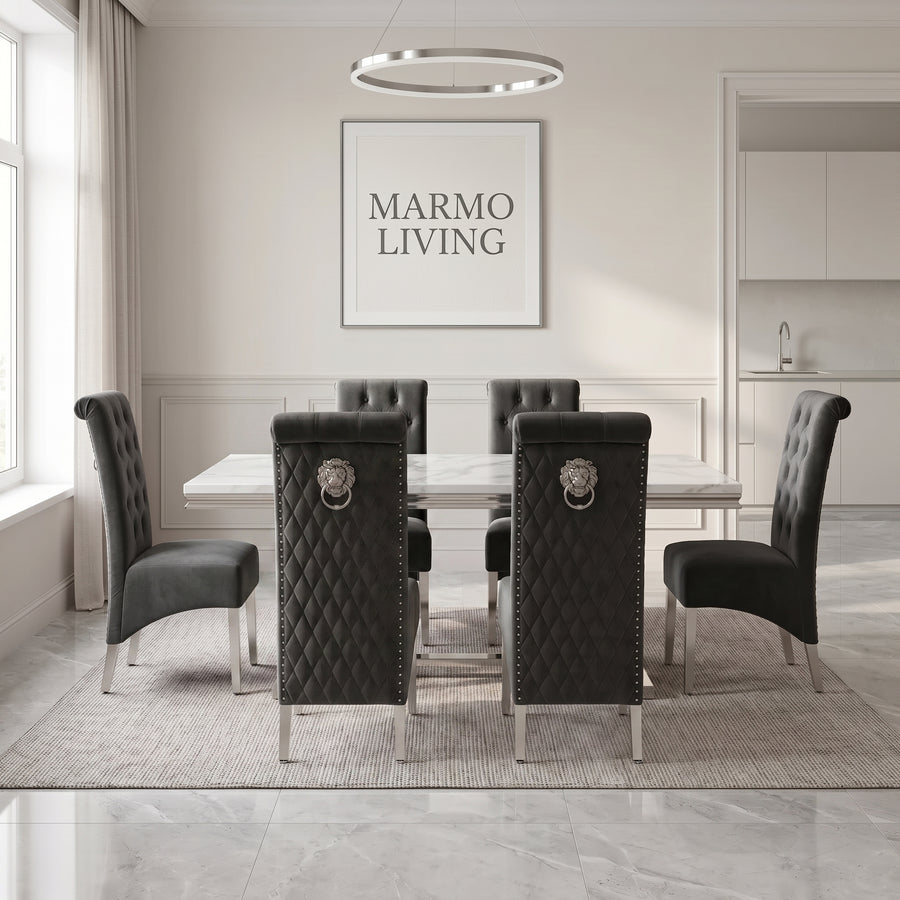 Ariana White Marble Dining Set with Lucy Dark Grey Velvet Chairs