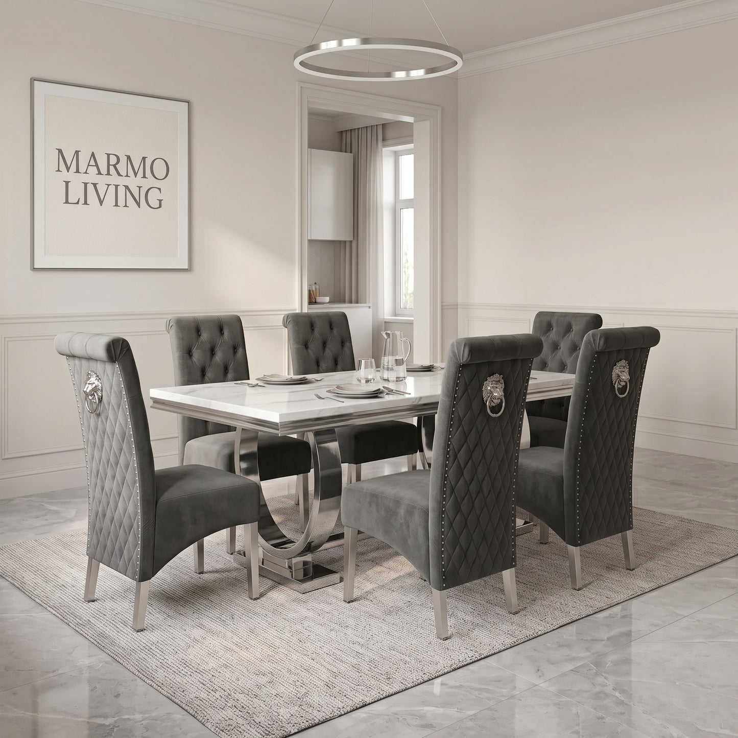 Ariana White Marble Dining Set with Lucy Dark Grey Velvet Chairs