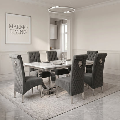 Ariana White Marble Dining Set with Lucy Dark Grey Velvet Chairs