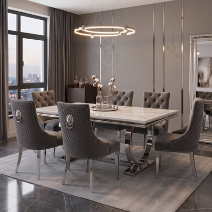 Ariana White Marble Dining Set with Majestic Dark Grey Velvet Chairs
