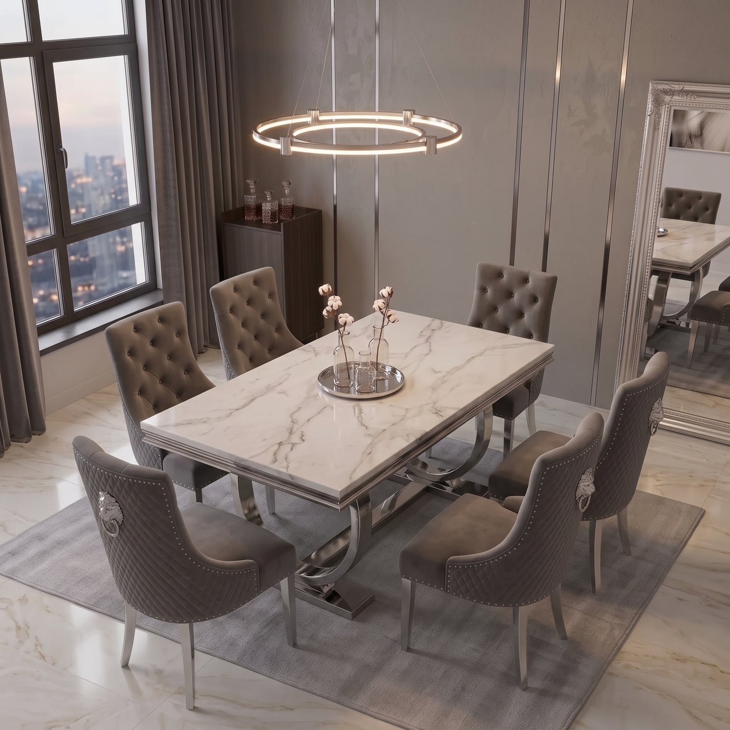 Ariana White Marble Dining Set with Majestic Dark Grey Velvet Chairs