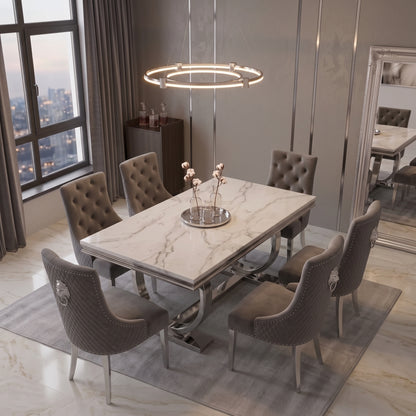 Ariana White Marble Dining Set with Majestic Dark Grey Velvet Chairs