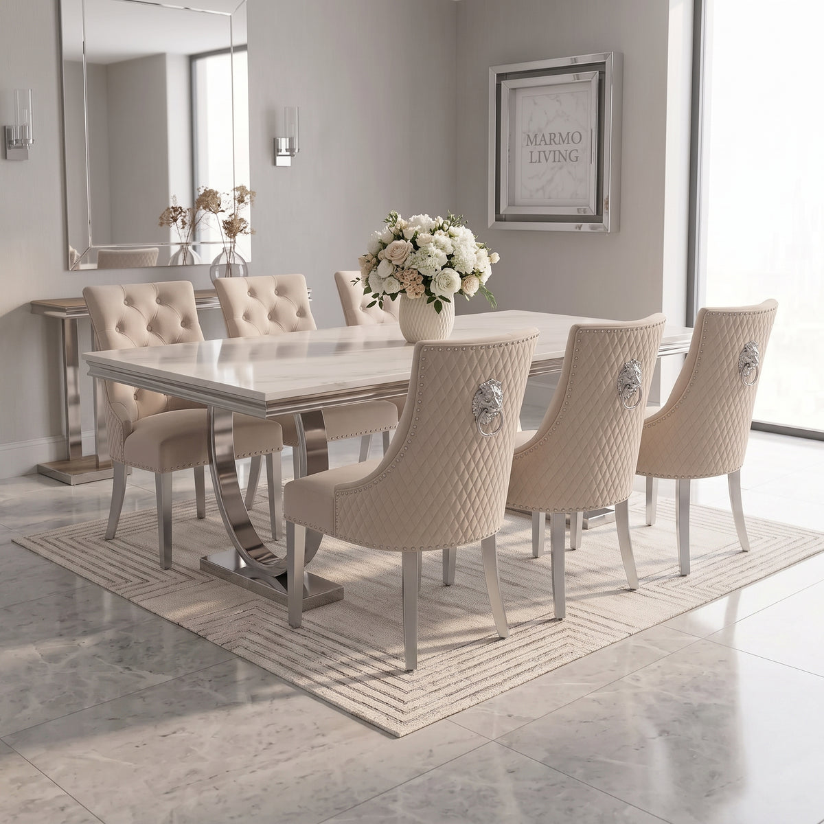 Ariana White Marble Dining Set with Majestic Mink Velvet Chairs