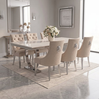Ariana White Marble Dining Set with Majestic Mink Velvet Chairs