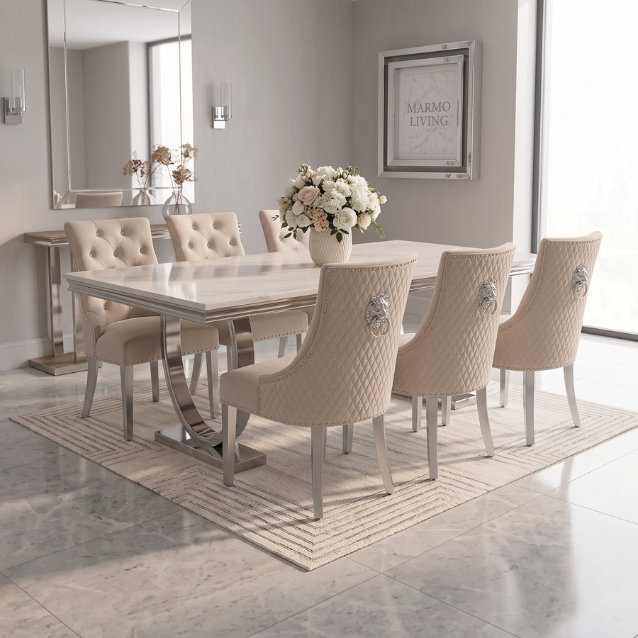 Ariana White Marble Dining Set with Majestic Mink Velvet Chairs