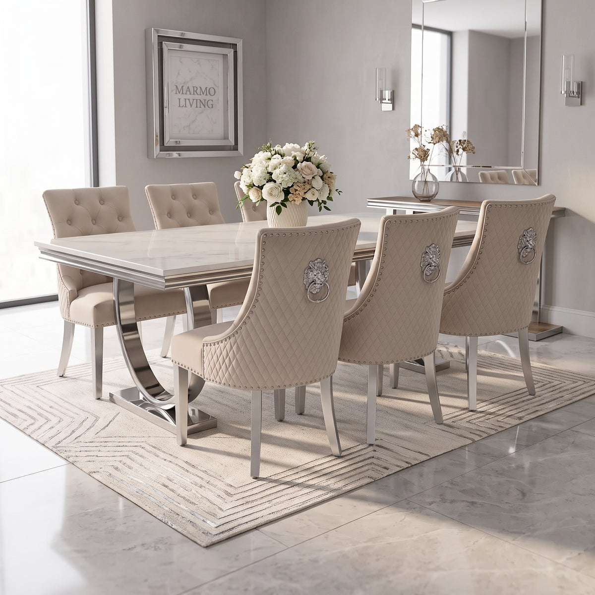 Ariana White Marble Dining Set with Majestic Mink Velvet Chairs